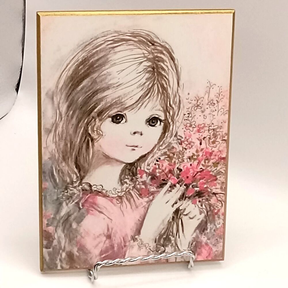 NORCROSS  Flower GIRL Laminated Pink PLAQUE Wood  5x7" Brown Hair Big Eyes 70s